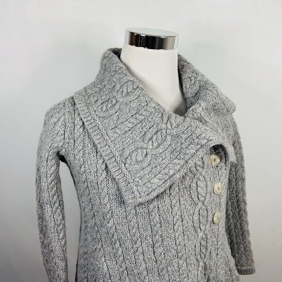 Aran Crafts Medium Cardigan 100% Merino Wool Chunky Knit Collar Gray Ireland - Picture 1 of 5